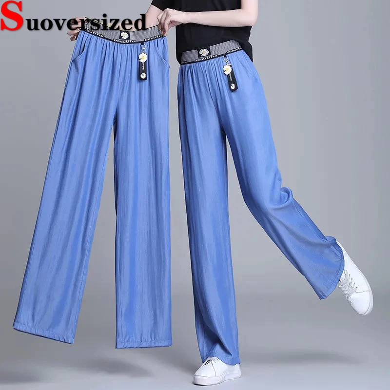 

Oversized 4xl Summer Baggy Pants Thin Ice Silk Wide Leg Pantalones Elastic High Waist Spodnie Casual Women's Straight Trousers