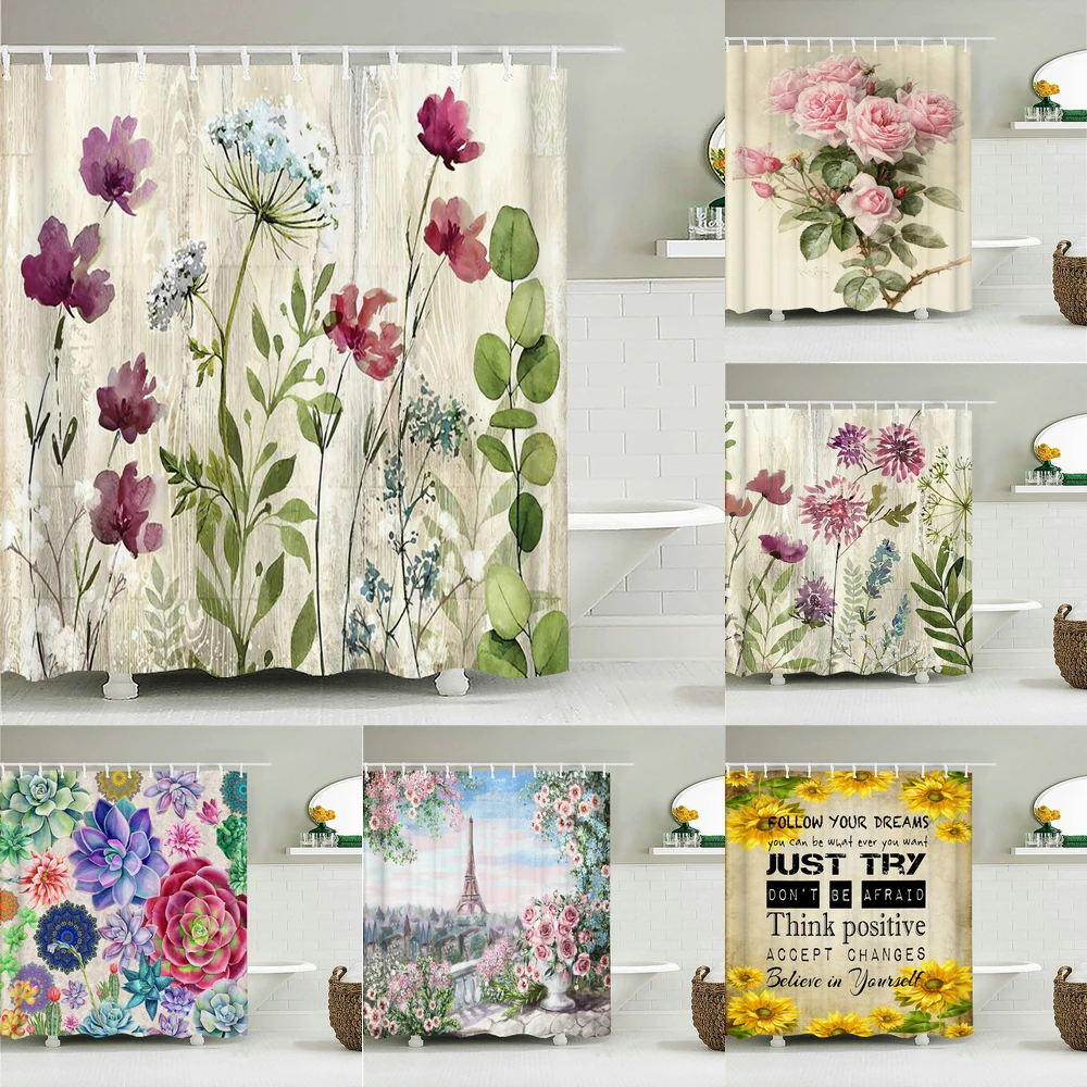 

Waterproof Shower Curtain Retro Flowers Birds Plant Tree Frabic Bathroom Curtains with 12 Hooks Bathtub Screen Decoration