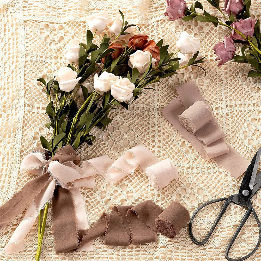 3 Roll Frayed Edge Ribbon Wear Resist Hand Torn Chiffon Ribbon DIY Tassel Ribbon for Wedding Invitation Bouquet Wrapping