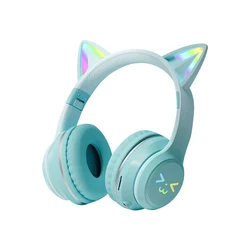 Gradient Wireless RGB Cat Ear Headphones with Microphone - Cute Stereo Music Earphones (Green)