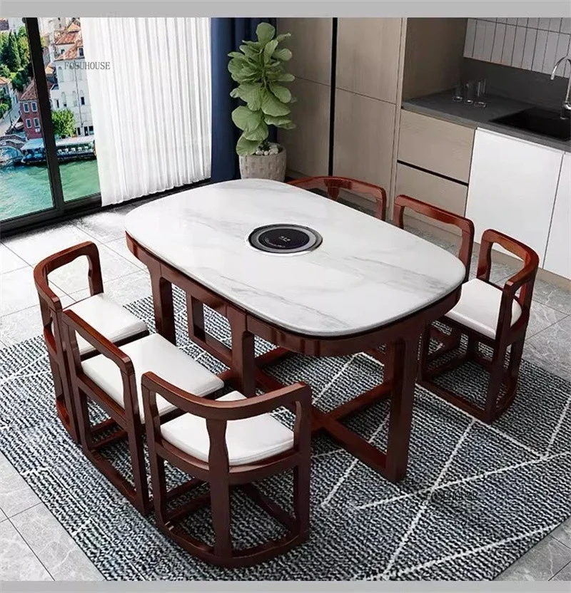 Nordic Space-saving 6-person Dining Table Home Solid Wood Dining Table and Chairs Minimalist Restaurant Marble Pattern Tables C