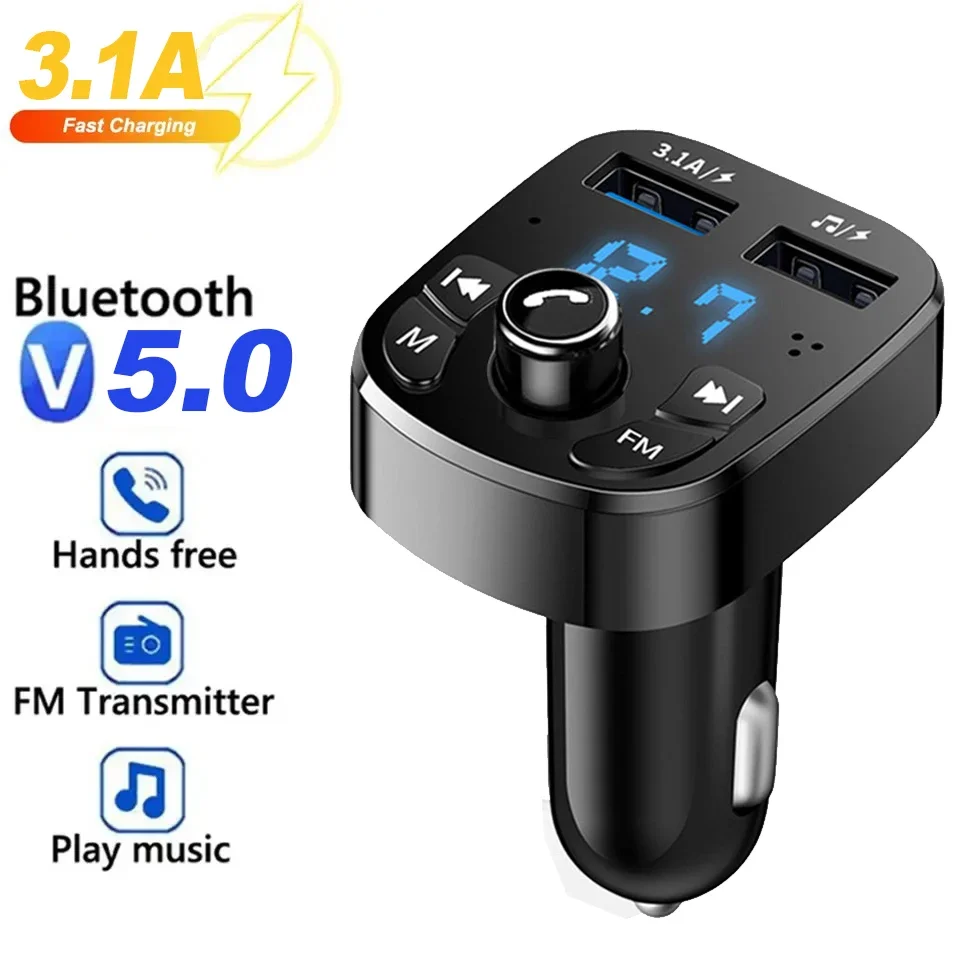 Chargeur de voiture Bluetooth 5.0 mains libres, lecteur MP3, émetteur FM, sans fil, double équipement, affichage LED Bluetooth, chargeur de voiture double USB