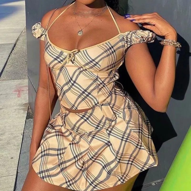 

Summer Party Club Two-piece Sets Women Plaid Lace Tops Halter Short Sleeve Skirt Tee Pleated Mini Shorts Skirt Sexy Slim T-shirt
