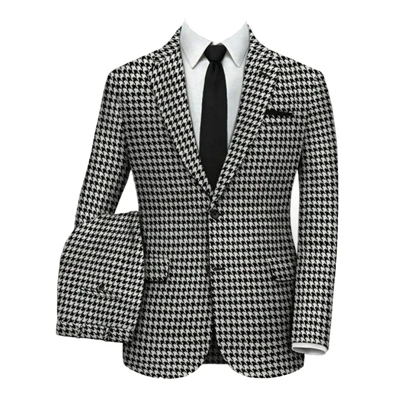 2 Piece Houndstooth Men Wedding Suit Groom Tuxedo Slim Fit Two Button Business Suits Plaid Wedding Suit Costume Homme For Party
