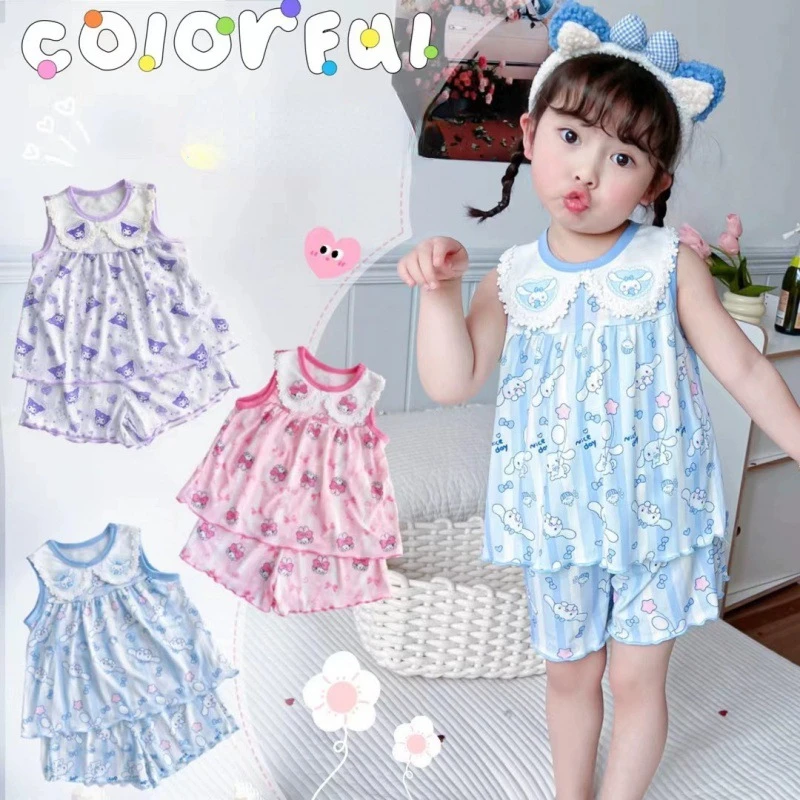 Kawaii Cinnamonals Children's Summer Pajamas Set Baby Girls Cute Princess Wind Sleeveless Vest Shorts Set Cartoon Home Wear