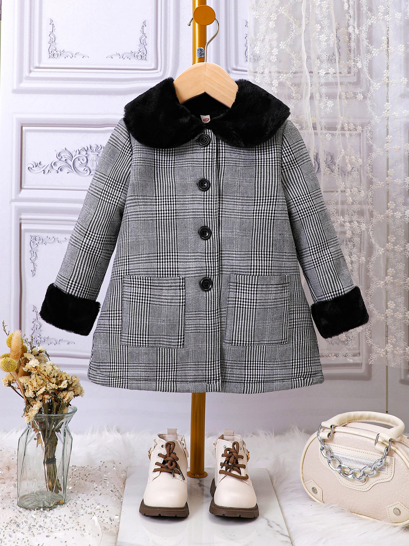 Girls Winter Coat Young Children Winter Plaid Fur Collar Thickened Plush Coat For Girls