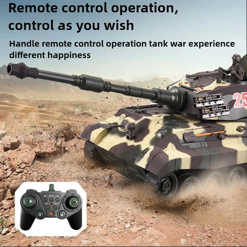 Robot Tank RC télécommandé bleu avec canon rotatif, vue de côté montrant les détails du châssis.