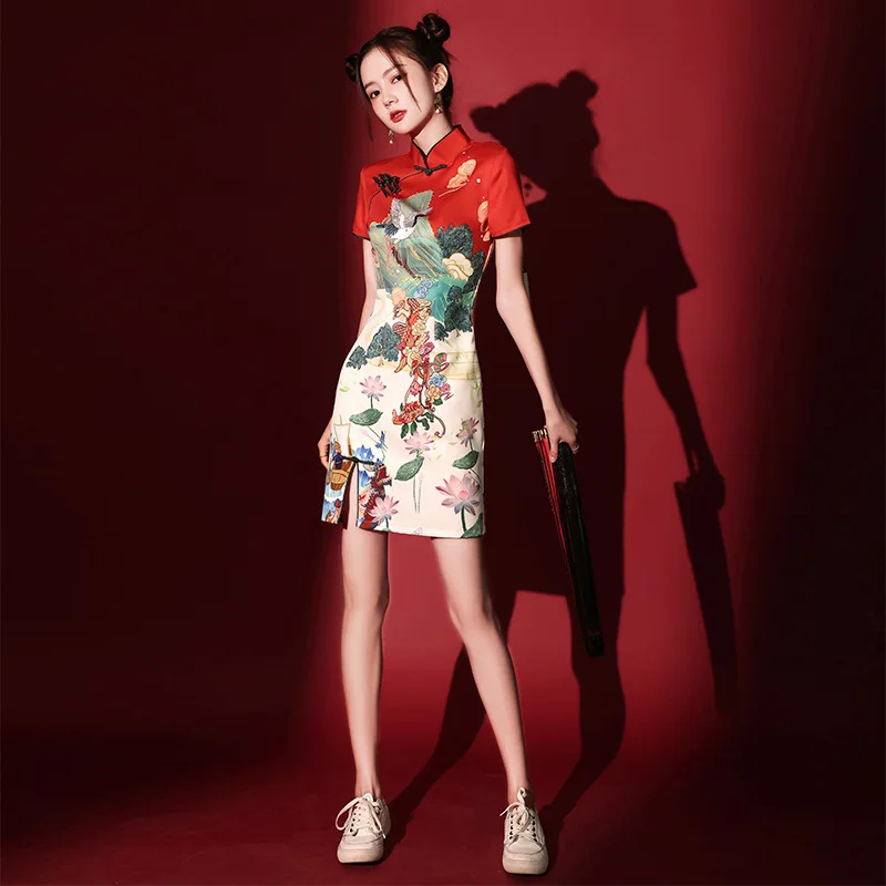 Chinese Trendy Cheongsam Skirt New Popular Short Style Improved Red Young Girl Bridesmaid Evening Qipao Dress for Women