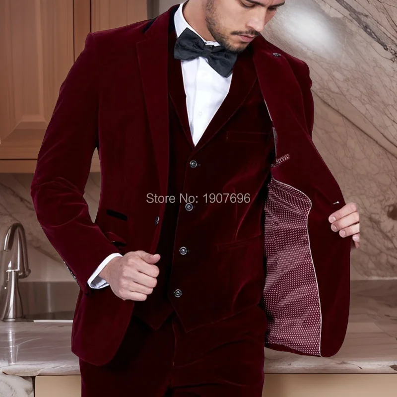 Abiti da uomo in velluto bordeaux Slim Fit per matrimonio 3 pezzi Smoking da sposo in.jpg