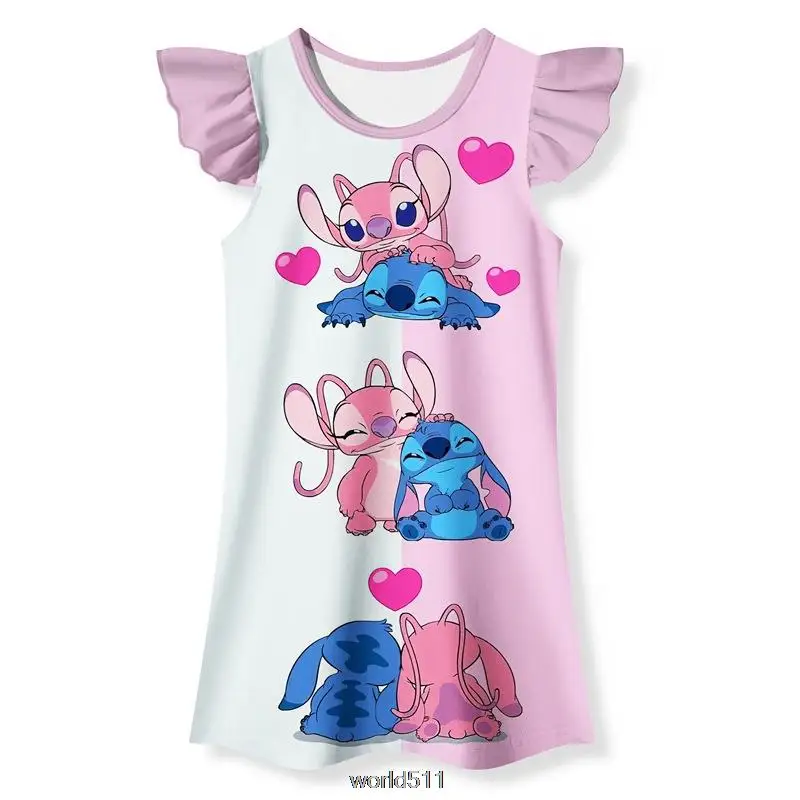 Disney Stitch Summer Girl Nightgown Cartoon Pajamas Dress For Kid Teenager Night Dress 3-10 Years Baby Nightdress Child Clothing