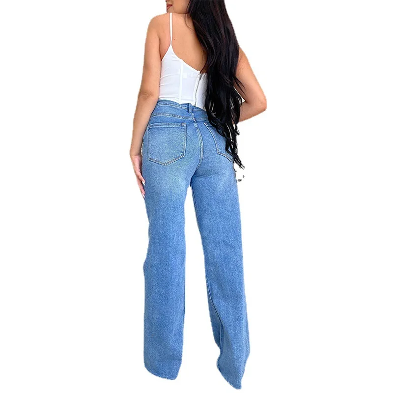 Women Jeans Wide Leg Pants Denim High Waist Zipper Fly Washing Holes Pockets High Street Ankle Length Flash Spring 2024 5