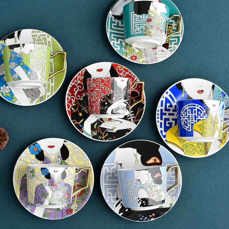 

New Chinese Style Coffee Cup and Saucer Set Creative English Afternoon Flower Tea Cup Ceramic Water Cup Home Kitchen Utensils