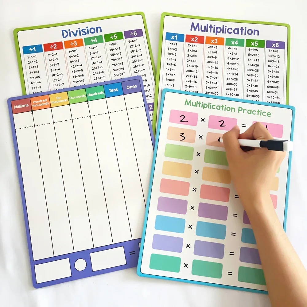 4PCS Dry Erase Multiplication & Division Chart Whiteboard Double Sided Children Learning Math Game for Classroom