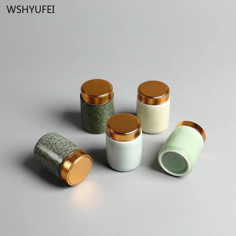 Celadon metal screw cap mini tea can small convenient travel hotel small pot tea box ceramic powder rouge lipstick storage tank tea tin box tea canister