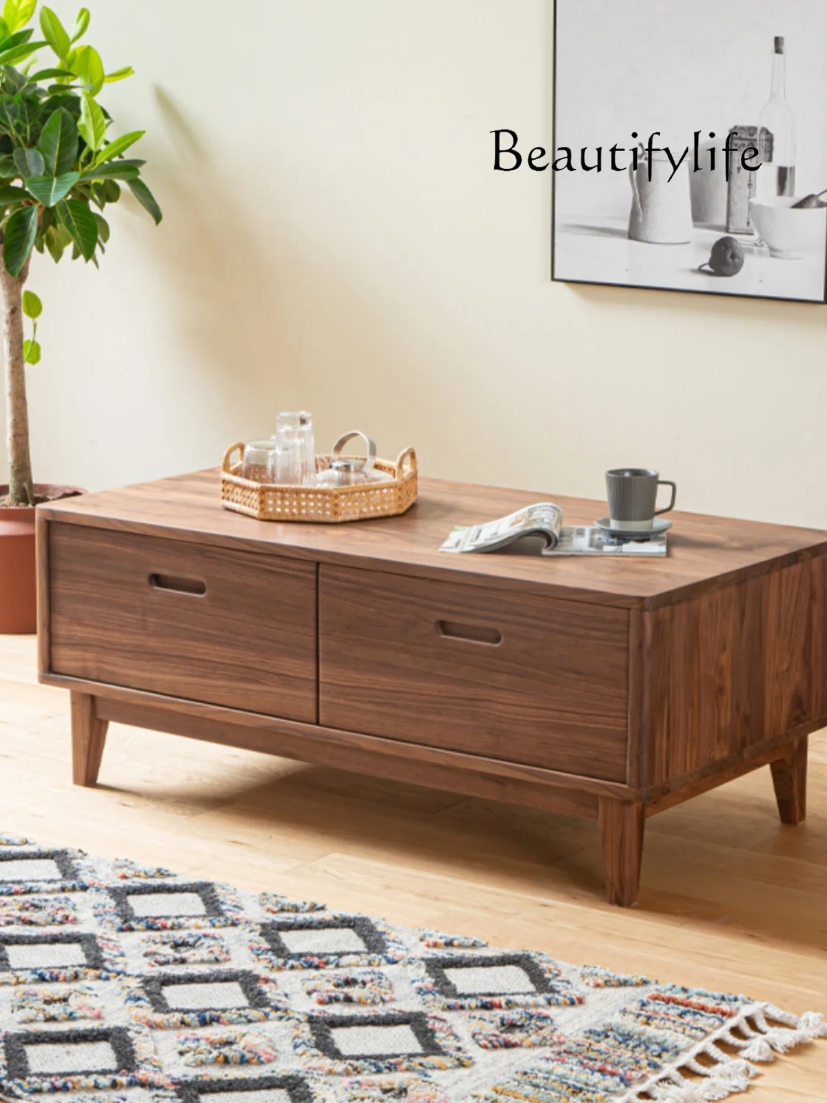 

North America Black Walnut Wooden TV Cabinet Floor Log Furniture Storage Combination Small Apartment Coffee Table