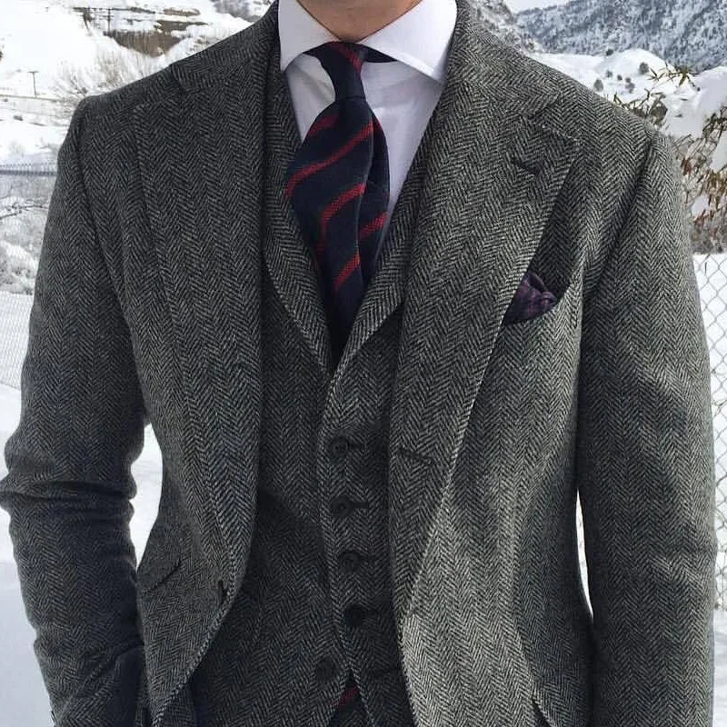 Mens suit gray wool tweed suits for men winter wedding formal groom tuxedo 3 Pcs herringbone male fashion set (jacket vest pants)