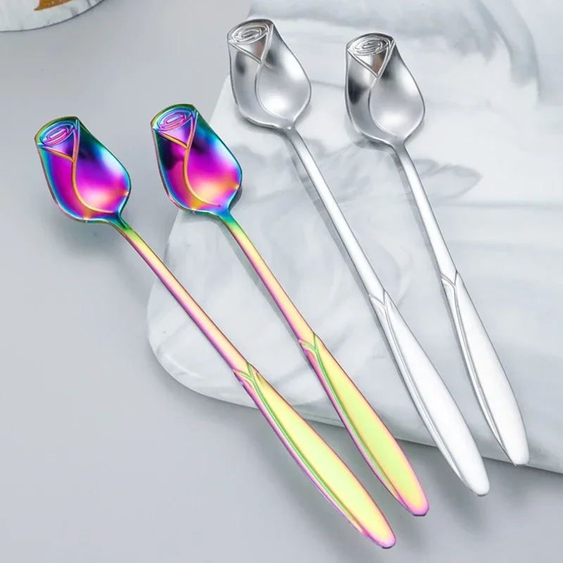 Long Handle Stainless Steel Rose Mixing Teaspoon for Dessert, Honey, Salad, Tea, Coffee - Unique New Year Gift