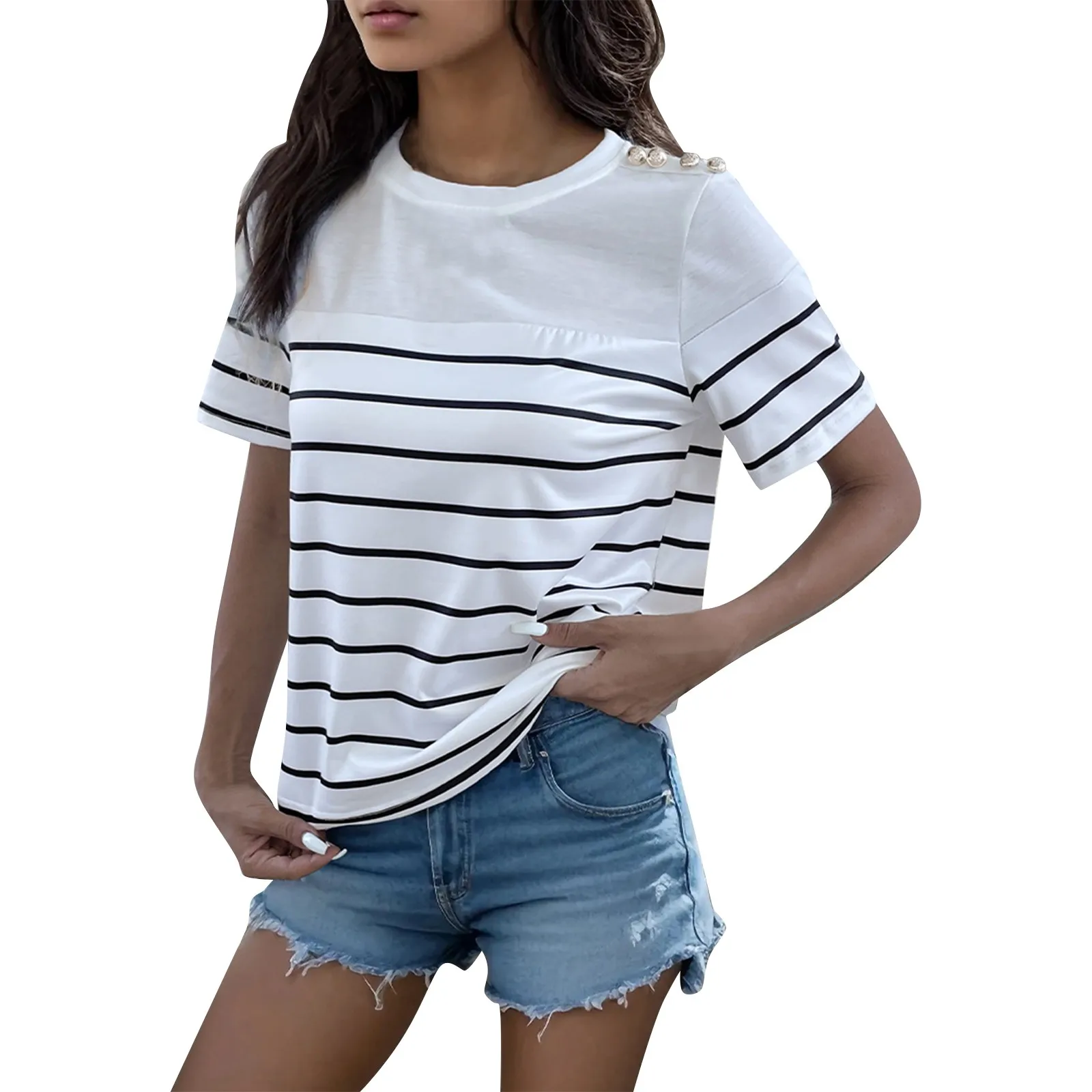 

Женская футболка с коротким рукавом, Повседневная Свободная рубашка в черную полоску, с круглым вырезом, украшенная пуговицами, на лето