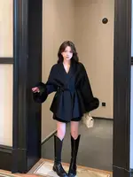 Elegant Lace Up Woolen Overcoat Women Casual Lapel V-neck Full Sleeve Loose Warm Outerwears Lady New Autumn Commute Street Coat 2