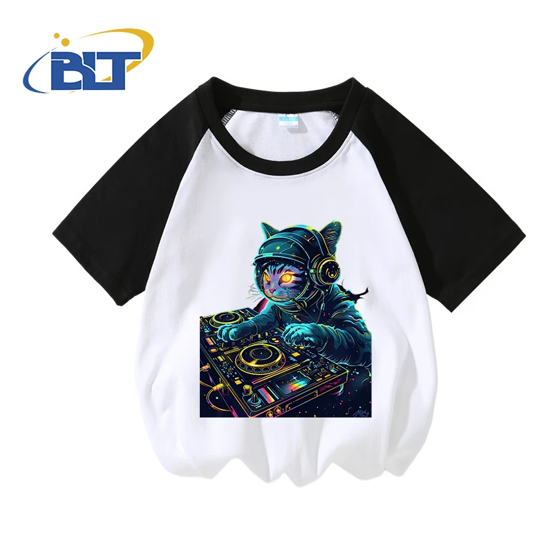 

DJ cat print kids cotton T-shirt summer contrast short-sleeved casual tops for boys and girls