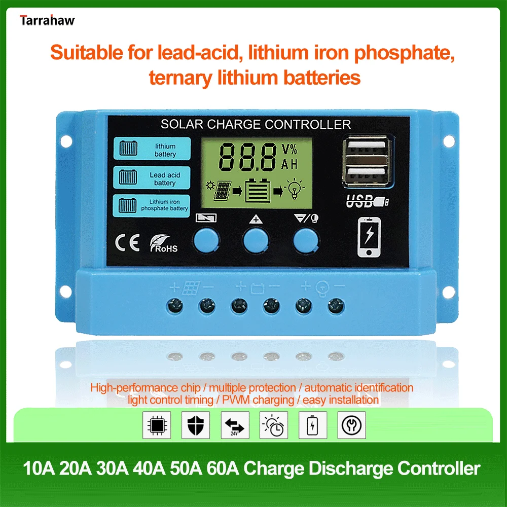 Solar Controller 10A to 60A Adaptive 12V 24V For Lithium Lead-Acid Battery Circuit Lighting PV Plate Charge/Discharge Controller