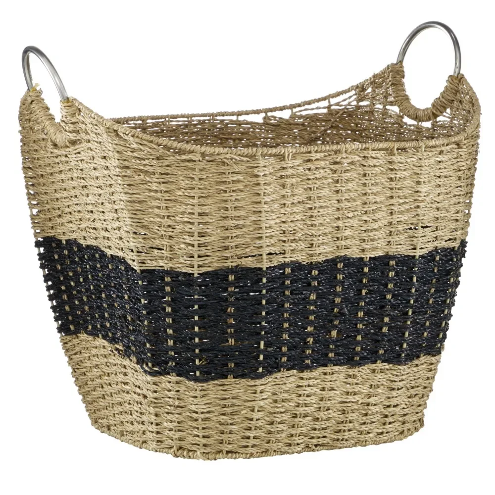 

DecMode 21" x 19" Brown Seagrass Handmade Two Toned Storage Basket with Metal Handles, 1-Piece