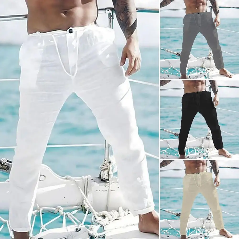 

Men Casual Pants Breathable Summer Trousers for Men Soft Drawstring Pants with Slanted Pockets Simple Style Breathable Pants