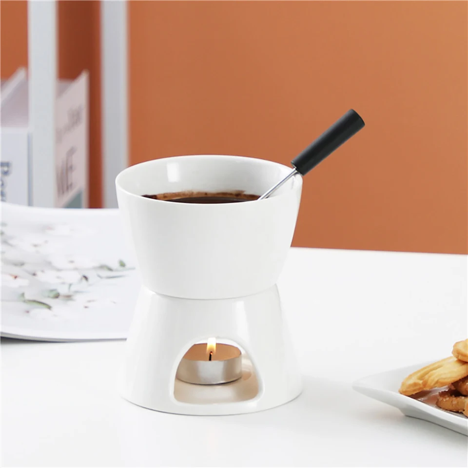 Set Tazze Fonduta In Ceramica Con Forchette - Per Cioccolato, Formaggio E Burro, Con Candela Inclusa