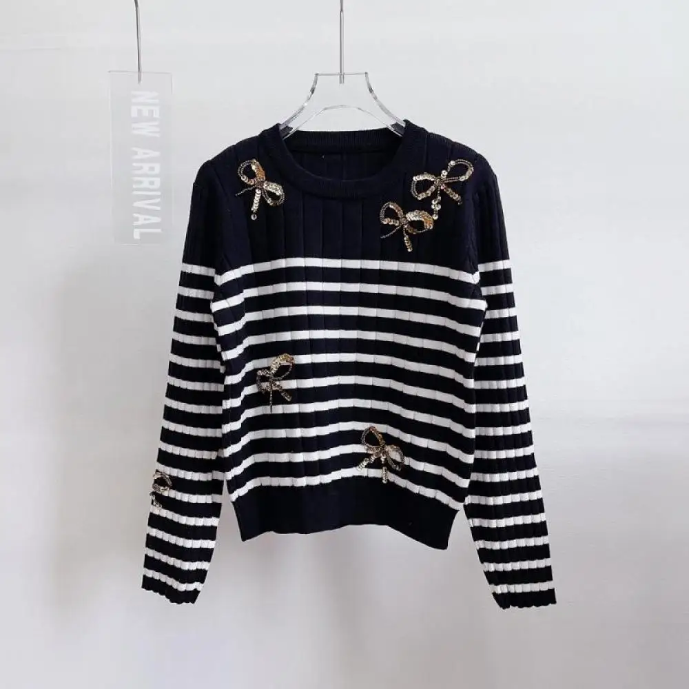 

Casual Sequin Bow Stripe Black White Long Sleeve Sweater Long Sleeve Knitted Woman Elegant Jumpers Brand New 2023 Autumn Winter