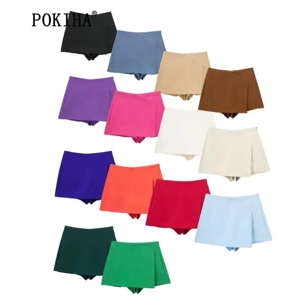 

Pokiha Summer Women Solid Color Asymmetrical Slim Shorts Skirts Office Lady Side Zipper Casual Hot Shorts Chic Pantalone Cortos