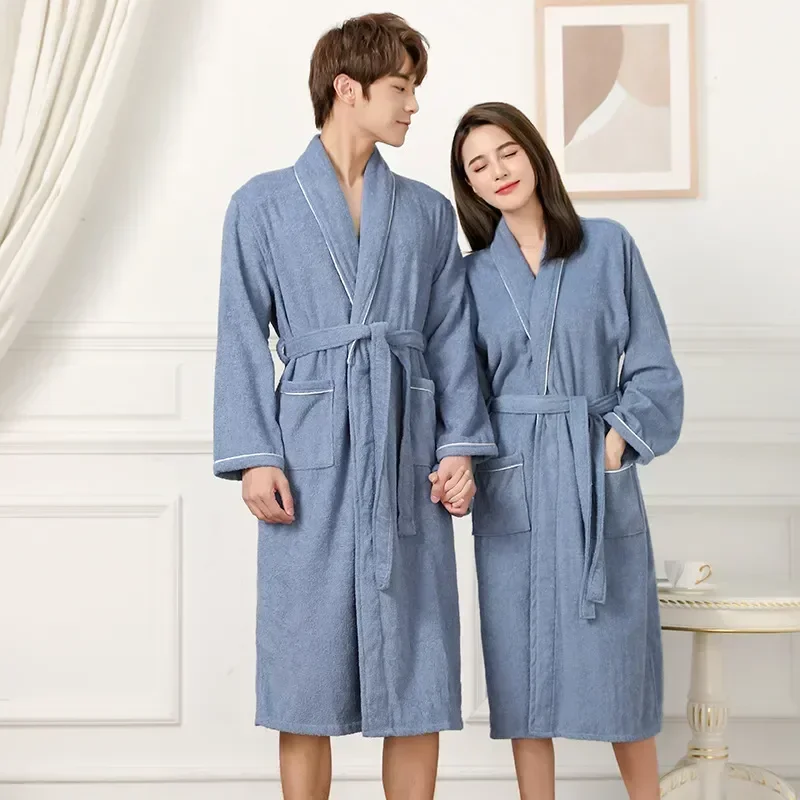 

Bathrobe Bath Weight Terry Towel Robes Thick 100% Couples Gown Robe Hotel Sleepwear Absorbent Long Women Cotton Light Men