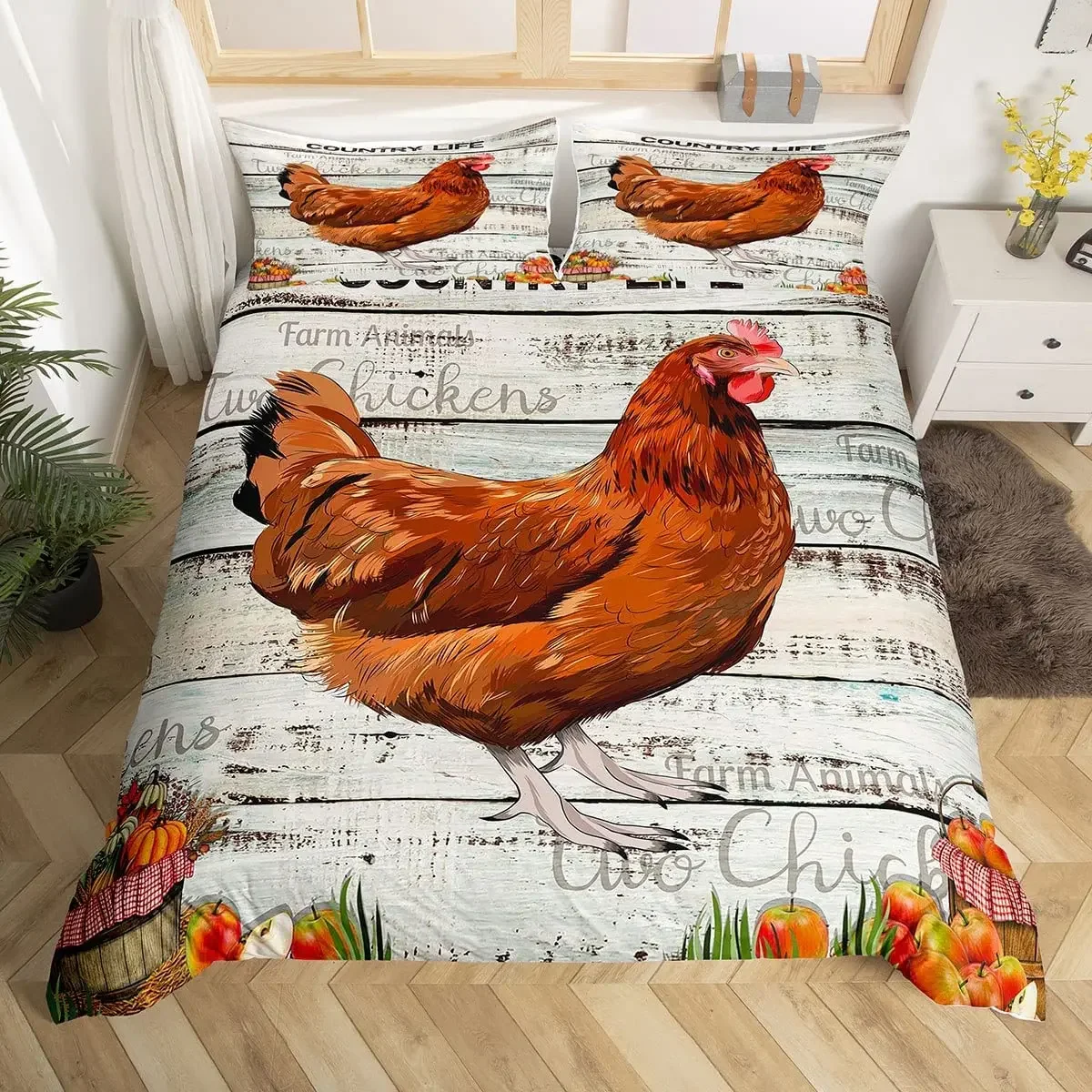 Vintage Rooster Hen Comforter Cover Farmhouse Cock Duvet Cover Farm Chicken Bedding Set King Chicken Coop Country Decor For Home