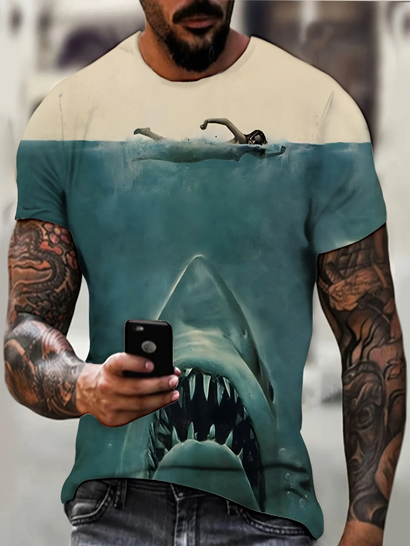 thumbnail image 1 of Camiseta con estampado gráfico de tiburón para hombre de talla grande para verano, ropa para hombre, tela de poliéster suave y ligeramente elástica, camisetas casuales y cómodas, 1 of 5