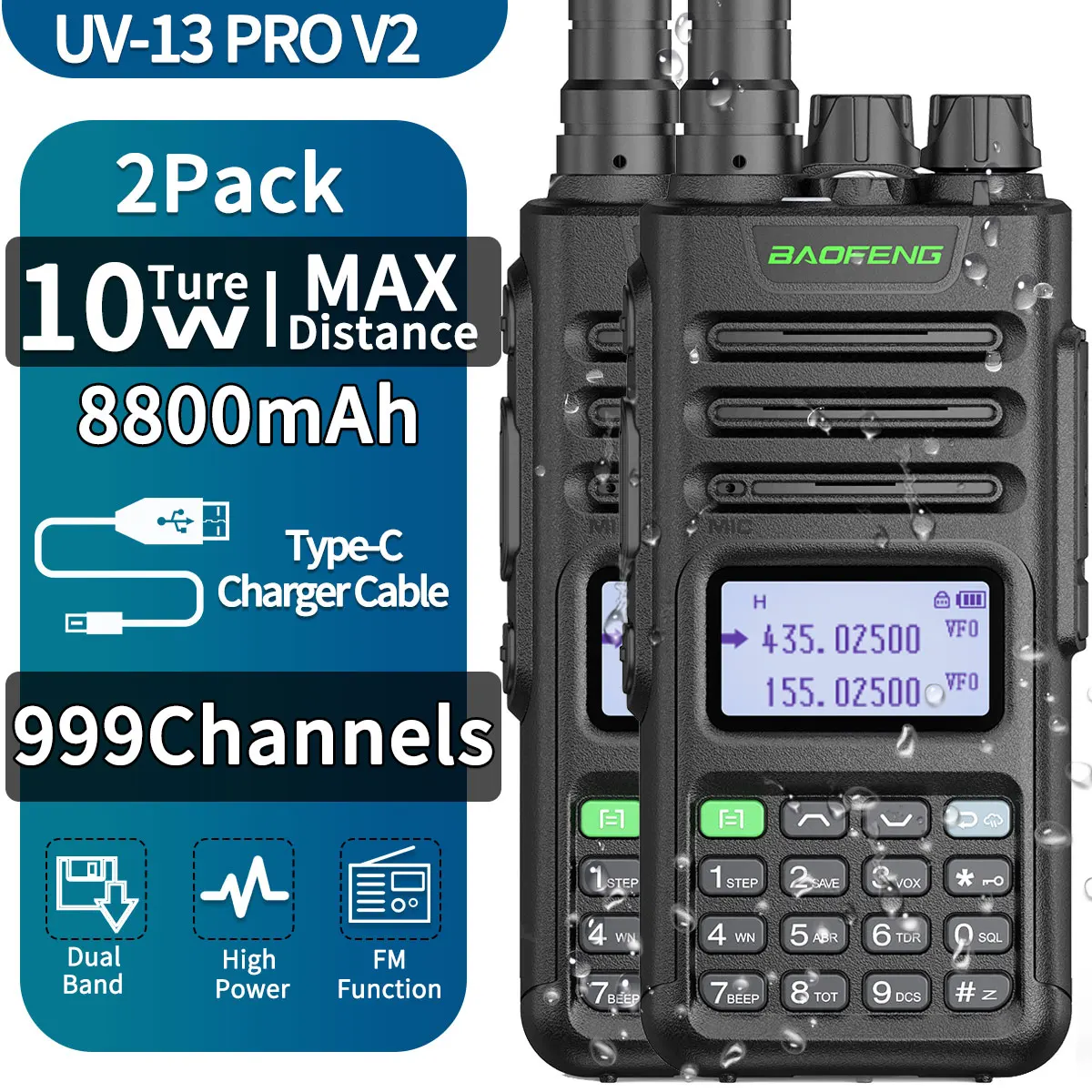 2pcs Baofeng Uv-13pro 999 Ch Walkie Talkie Transmitter Transreceiver  136-174/400-520mhz Type-c Charger Two Way Radio Walkie Talkie AliExpress