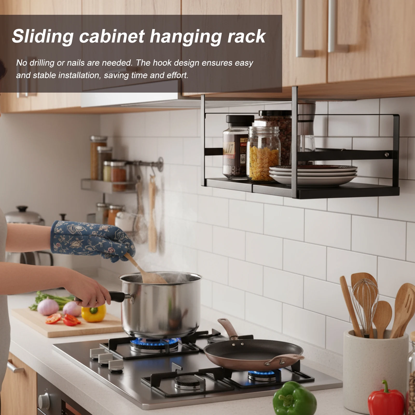 Retractable Storage Shelf Seasoning Bottle Storage Rack Expandable Under Shelf Storage Rack for Kitchen Pantry Office