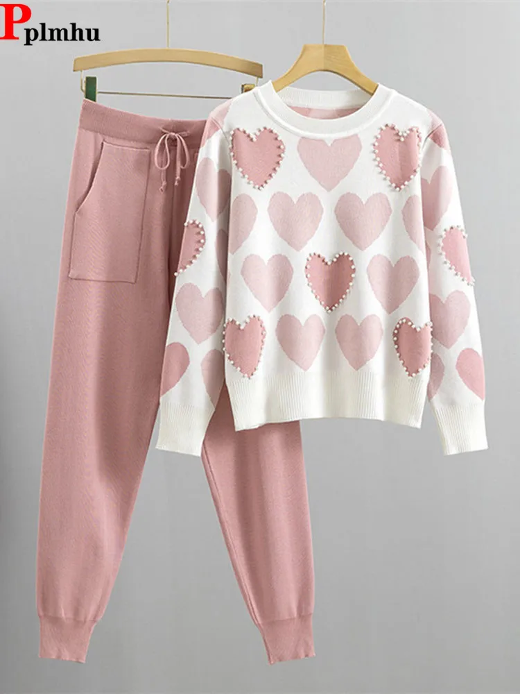 Casual Print Knit Sweater 2 Pieces Sets Beading O-neck Pullover Tops Conjuntos High Waist Ankle Length Jogger Pants Tracksuit korean summer two pieces sets patchwork striped casual tops tracksuit high waist harem ankle length pants suits new baggy outfit