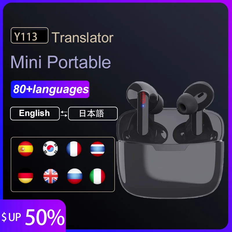 TWSB11 - Auriculares de traductor de idiomas digital con pantalla, 74  idiomas, 70 acentos, traductor de idiomas de voz instantánea Bluetooth con