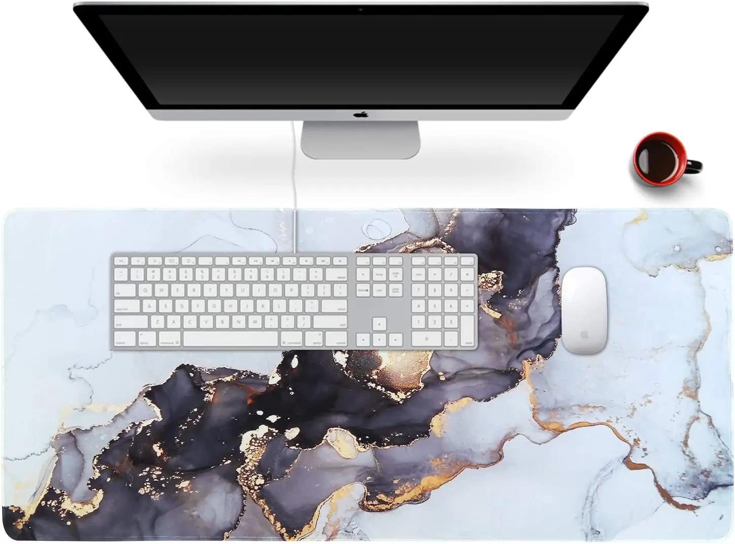 

Gray Ink Marble Desk Mat Extended XXL Keyboard Large Mousepad with Stitched Edge Non Slip Base Computer Desk Pad 35.4x15.7 Inch