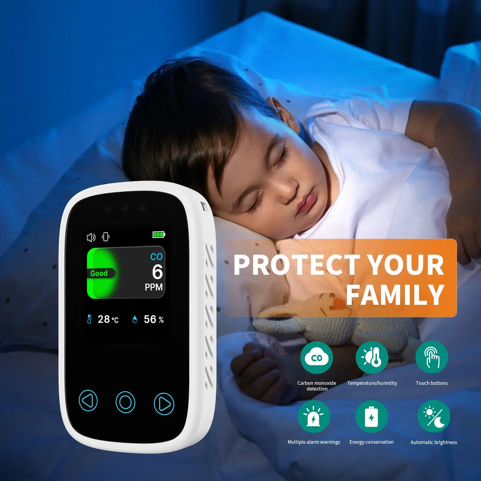 Portable Touch Screen Control CO Detector High-precision Electrochemical Sensors Auto Light Sensitivity Carbon Monoxide Monitor Carbon Monoxide Alarm Carbon Monoxide Detector