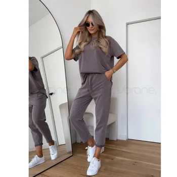 Casual Sports Style 2 Piece Set Women Loose O-neck Short Sleeved Pullover Elastic Waist Lace Up Long Pants Set Fashion Commuting 1