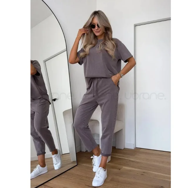 Casual Sports Style 2 Piece Set Women Loose O-neck Short Sleeved Pullover Elastic Waist Lace Up Long Pants Set Fashion Commuting 1