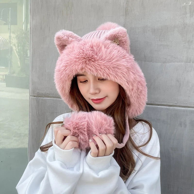 

New Design Women Winter Warm Cute Beanie Hat Cat Ears Lady Kawaii Knitted Crochet Beanies Outdoor Windproof gorro invierno mujer