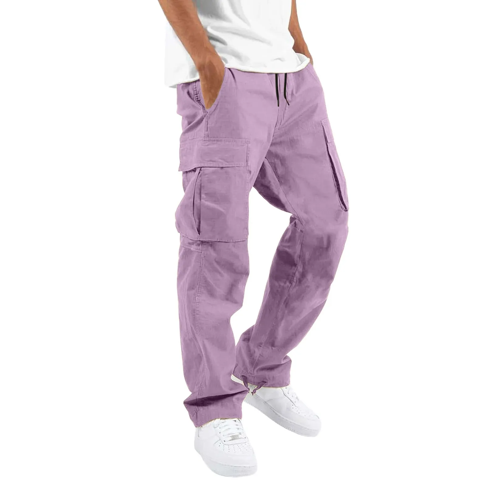 

New Pants Men's Loose Straight Cargo Pants Spring Summer Fashion Streetwear Solid Color Overalls Drawstring Pocket Casual Pants