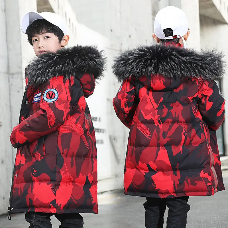 

Kid Clothes for Teens Fashion Hooded Coat Winter Thick Warm Down Jacket with Large Fur Collar for Boys Camouflage Snowsuit 4-14Y