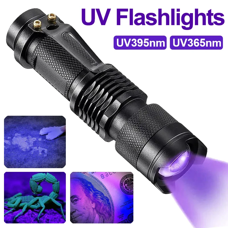 

LED UV Flashlight 365 395nm Portable Mini Ultraviolet Torch Waterproof Zoomable Violet Light Pet Urine Scorpion Detector UV Lamp