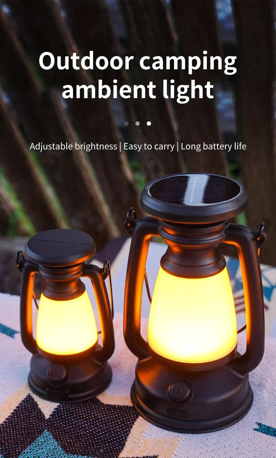 Description Picture 2 of itemOutdoor Solar Camping Light USB Rechargeable Camping Lanterns 3 Light Modes Stepless Dimming Portable Tent Hiking Fishing Light