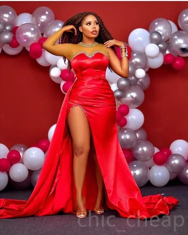 

Red Aso Ebi African Evening Dresses Mermaid Long Sleeves Slit Beaded Long Ghana Nigeria Black Girls Prom Dresses Evening Gown