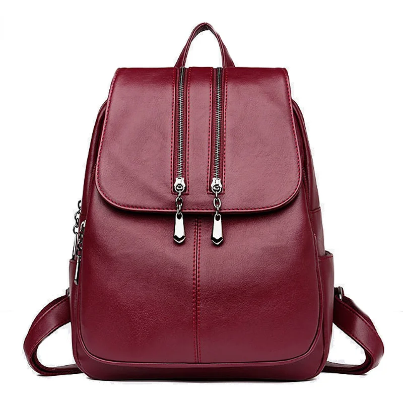 

Women Soft Leather Backpacks Female Double Zipper School Bags for Teenager Girls Vintage Retro Backpack