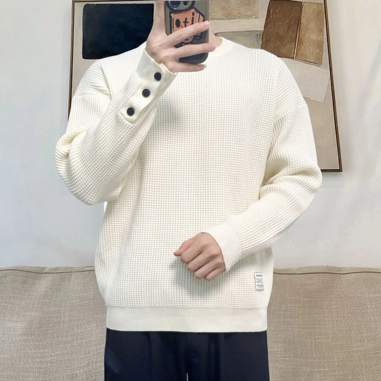 2024 Fashion Designer Men's Winter White Lazy Wind Sweater High-end Casual Pullover Knitwear  Inner Round Neck Base Shirt