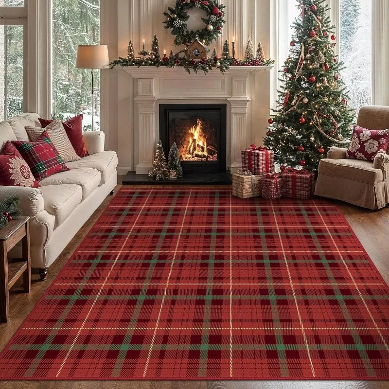 Checkered Pattern Living Room Carpet Retro Christmas Art Creative Bedroom Soft Rug Foldable Machine Washable Cloakroom Mat Tapis